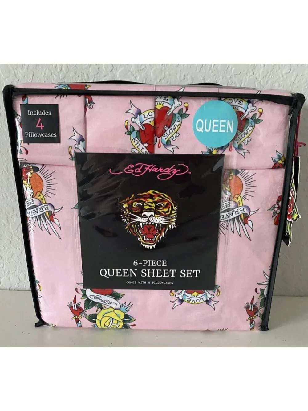 6 Piece Ed Hardy QUEEN Size Sheet Set Pink Roses Hearts Logo Tattoo NEW